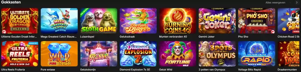 Wettson Casino gokkasten lobby met verschillende slotspellen en spelkaarten