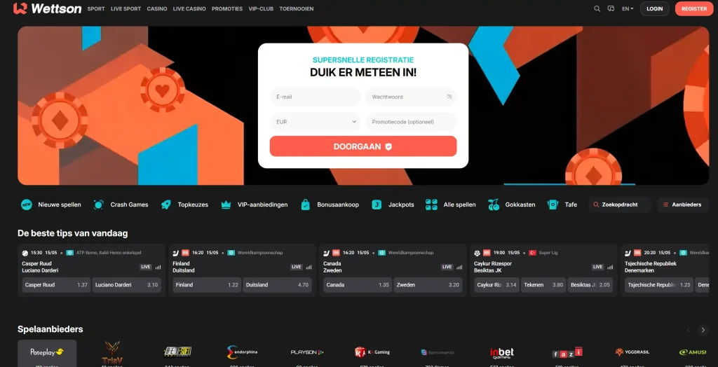 Wettson Casino homepage met registratieformulier sportweddenschappen en spelaanbieders