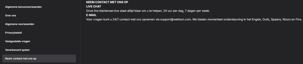Wettson Casino klantenservice pagina met live chat en e-mail contact