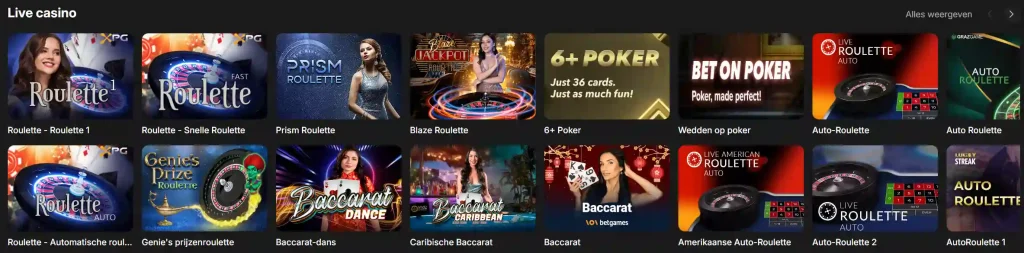 Wettson Casino live casino lobby met roulette baccarat en poker spellen