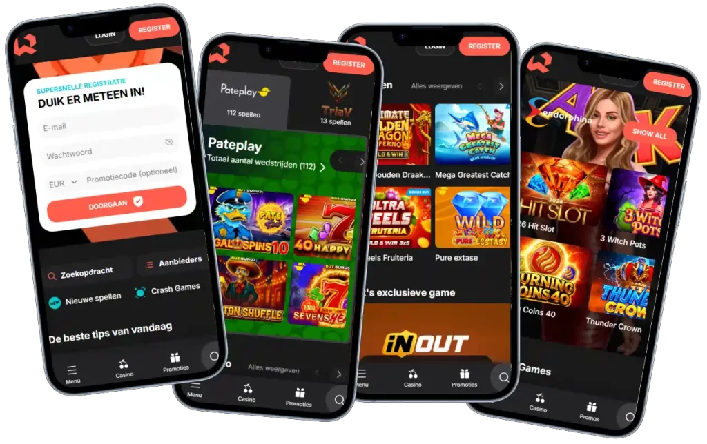 Wettson Casino mobiele versie met registratie casino lobby en slotspellen op smartphones