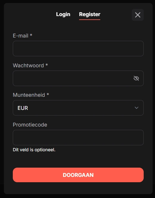 Wettson Casino registratieformulier met e-mail wachtwoord valuta en promotiecode