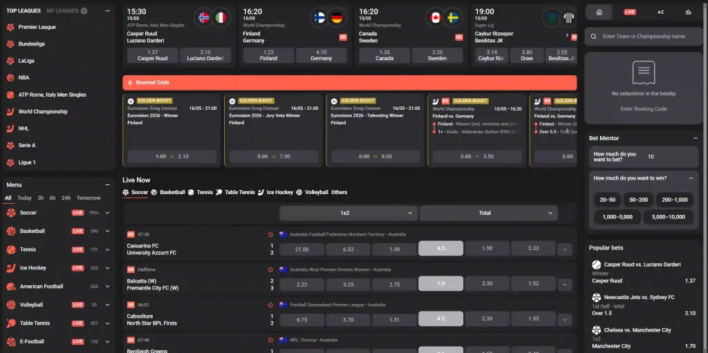 Wettson Casino sportweddenschappen pagina met live betting odds en betslip