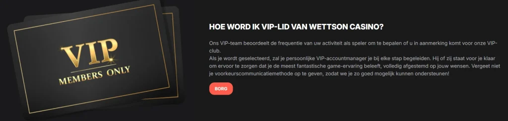 Wettson Casino VIP Club pagina met uitnodiging voor geselecteerde spelers